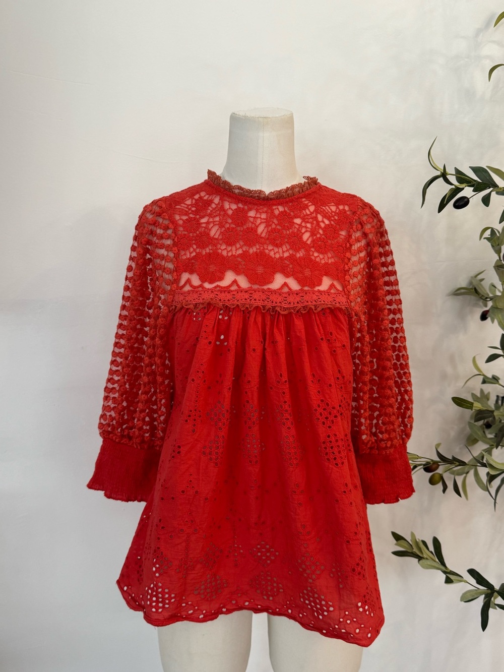 Conditions Apply Red Eyelet Lace Boho Peasant‎ Blouse XL Cottagecore Romantic